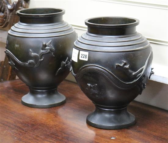 A pair of Japanese bronze dragon vases, Meiji height 29cm